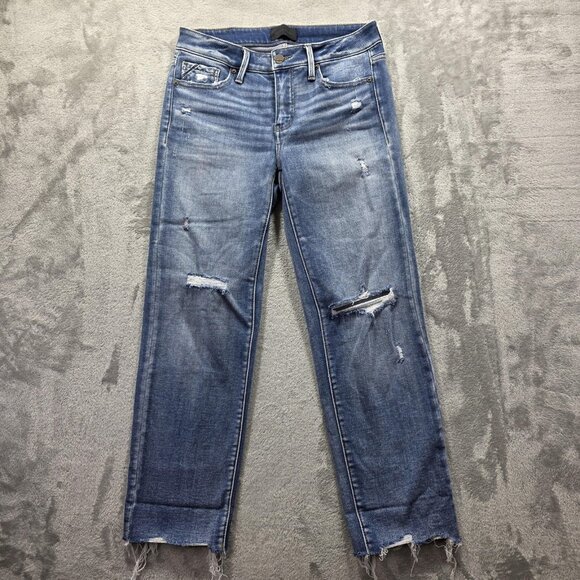 Buckle Black Jeans Womens 26x28 Blue Cropped Straight Distressed Ripped Raw Hem - Picture 1 of 10